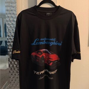 Balenciaga Black Tee with Red Car Graphic and Blue Script